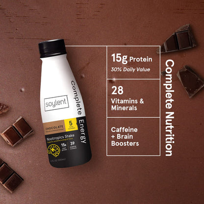 Soylent Chocolate High Protein Shake 30g Vegan Protein, Complete Energy Gluten-Free Vegan Protein Nootropics Shake, Chocolate, 11 Oz (12 Pack)