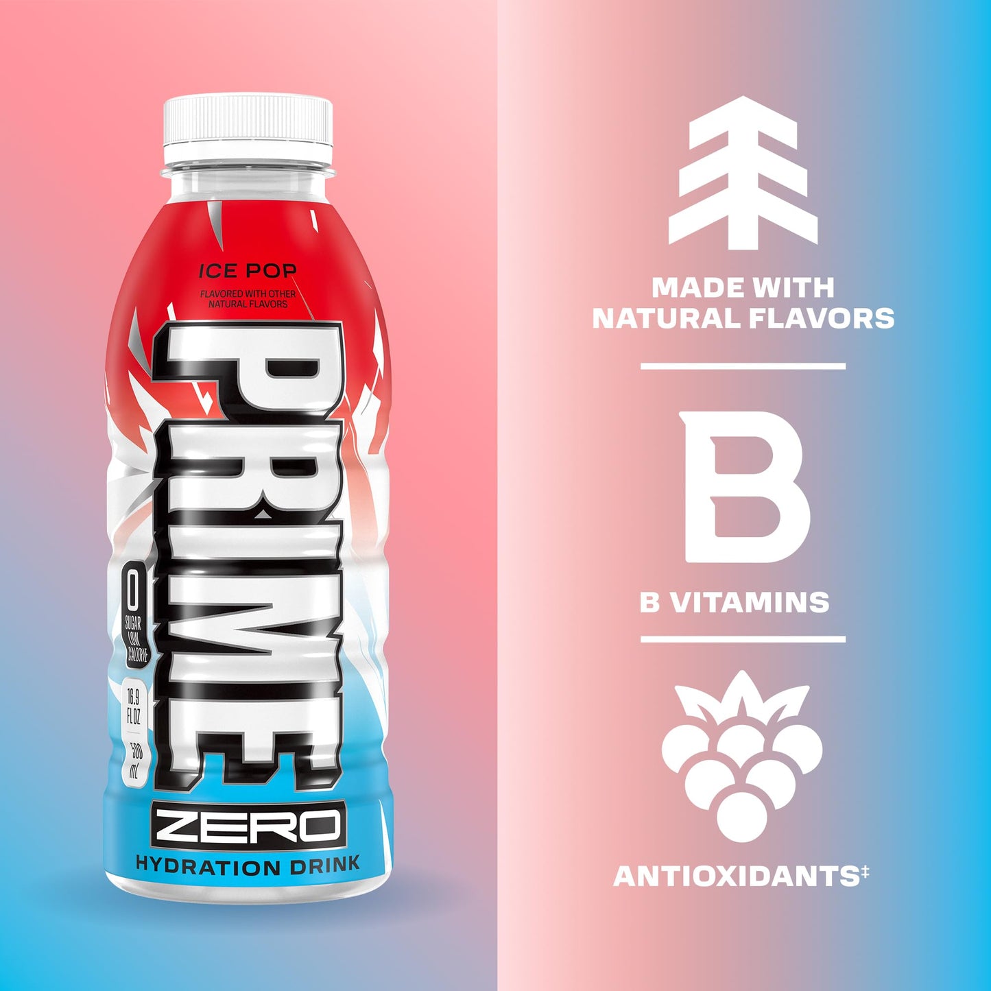 PRIME ZERO ICE POP, Sugar Free Sports Drinks, Electrolyte Enhanced to Replenish Fluids, B Vitamins, Antioxidants, Low Calorie, Made with Natural Flavors, 16.9 Fl Oz 12 Pack
