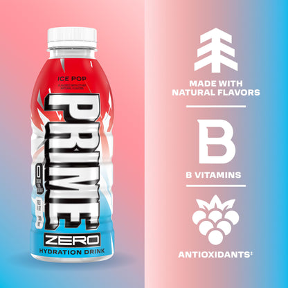PRIME ZERO ICE POP, Sugar Free Sports Drinks, Electrolyte Enhanced to Replenish Fluids, B Vitamins, Antioxidants, Low Calorie, Made with Natural Flavors, 16.9 Fl Oz 12 Pack