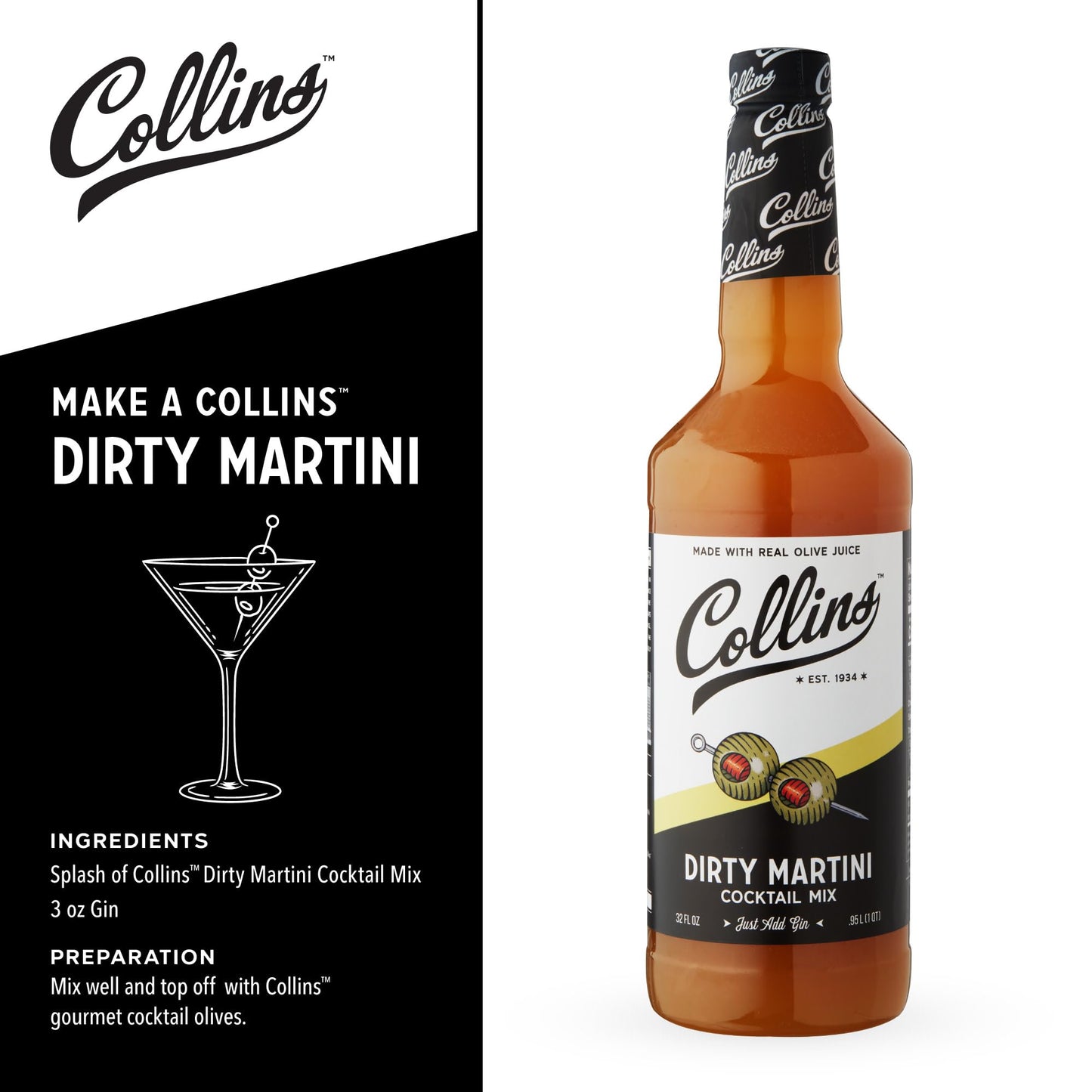Collins Dirty Martini Mix, Made With Real Olive Brine for the Bold Flavor You Need, Classic Cocktail Recipe Ingredient, Bartender Mixer, Drinking Gifts, Home Cocktail bar, Set of 6 32 fl oz Bottles