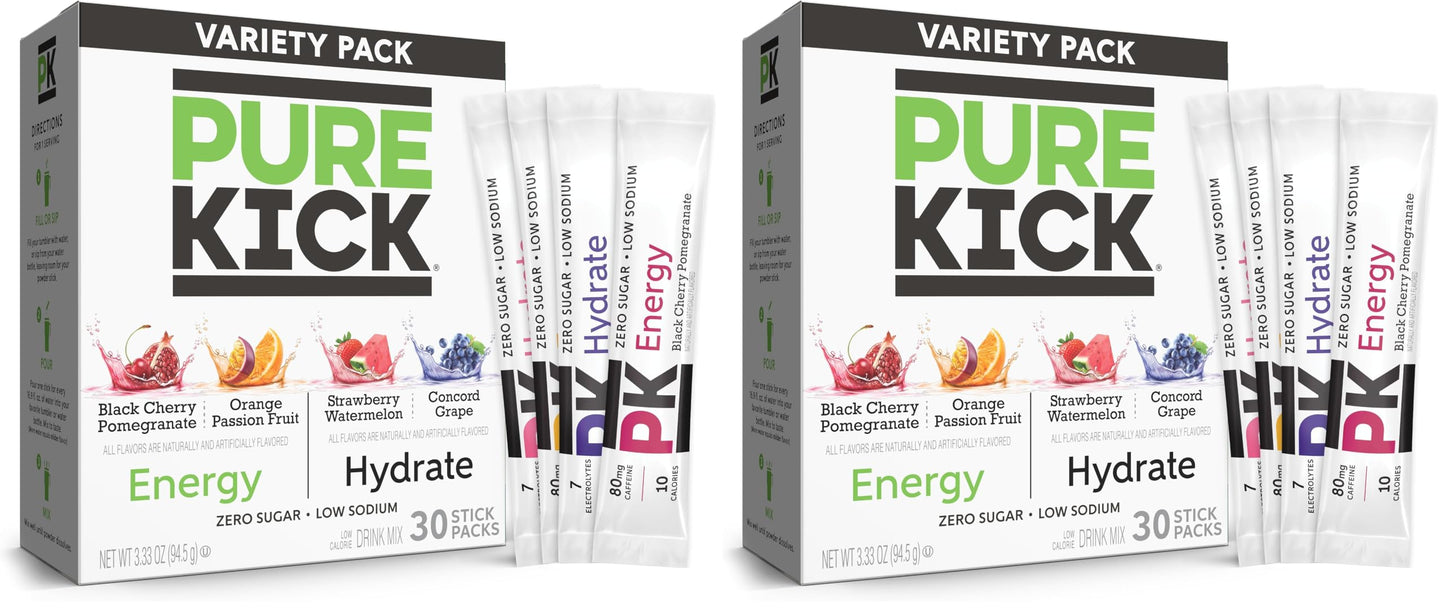 PURE KICK Energy and Hydrate Singles To Go Drink Mix Variety Pack, Black cherry Pomegranate, Orange Passion Fruit, Strawberry watermelon and Concord Grape (Pack of 60)