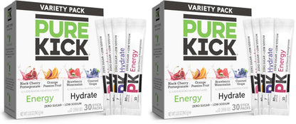 PURE KICK Energy and Hydrate Singles To Go Drink Mix Variety Pack, Black cherry Pomegranate, Orange Passion Fruit, Strawberry watermelon and Concord Grape (Pack of 60)