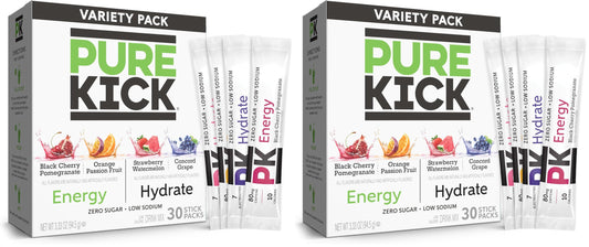 PURE KICK Energy and Hydrate Singles To Go Drink Mix Variety Pack, Black cherry Pomegranate, Orange Passion Fruit, Strawberry watermelon and Concord Grape (Pack of 60)