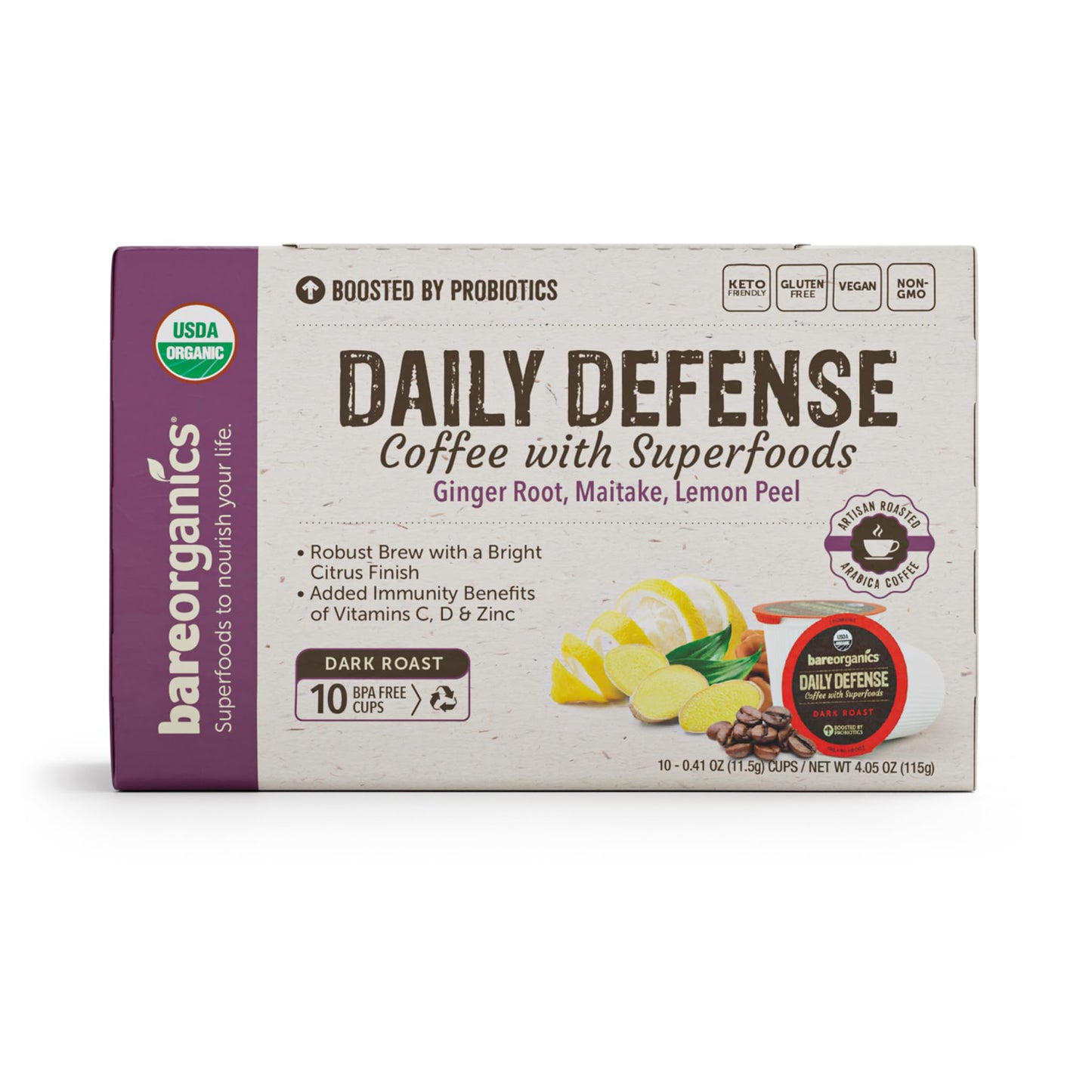 Daily Defense Organic Coffee Pods – Coffee with Maitake, Ginger Root, Lemon Peel & Superfoods – Healthy Mold Free Probiotic beverage, Vegan, Gluten Free - 10 Recyclable Single Serve K-Cups