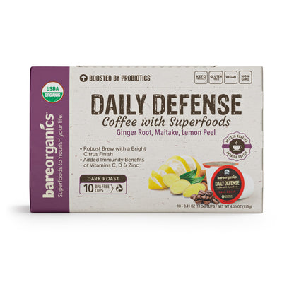 Daily Defense Organic Coffee Pods – Coffee with Maitake, Ginger Root, Lemon Peel & Superfoods – Healthy Mold Free Probiotic beverage, Vegan, Gluten Free - 10 Recyclable Single Serve K-Cups