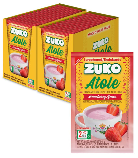 Zuko Atole Strawberry Instant Corn Starch Mix | Fortified with Vitamins | Just Add Hot Water | Microwaveable In Only 2 Minutes | 1.6 Ounce (Pack of 24)