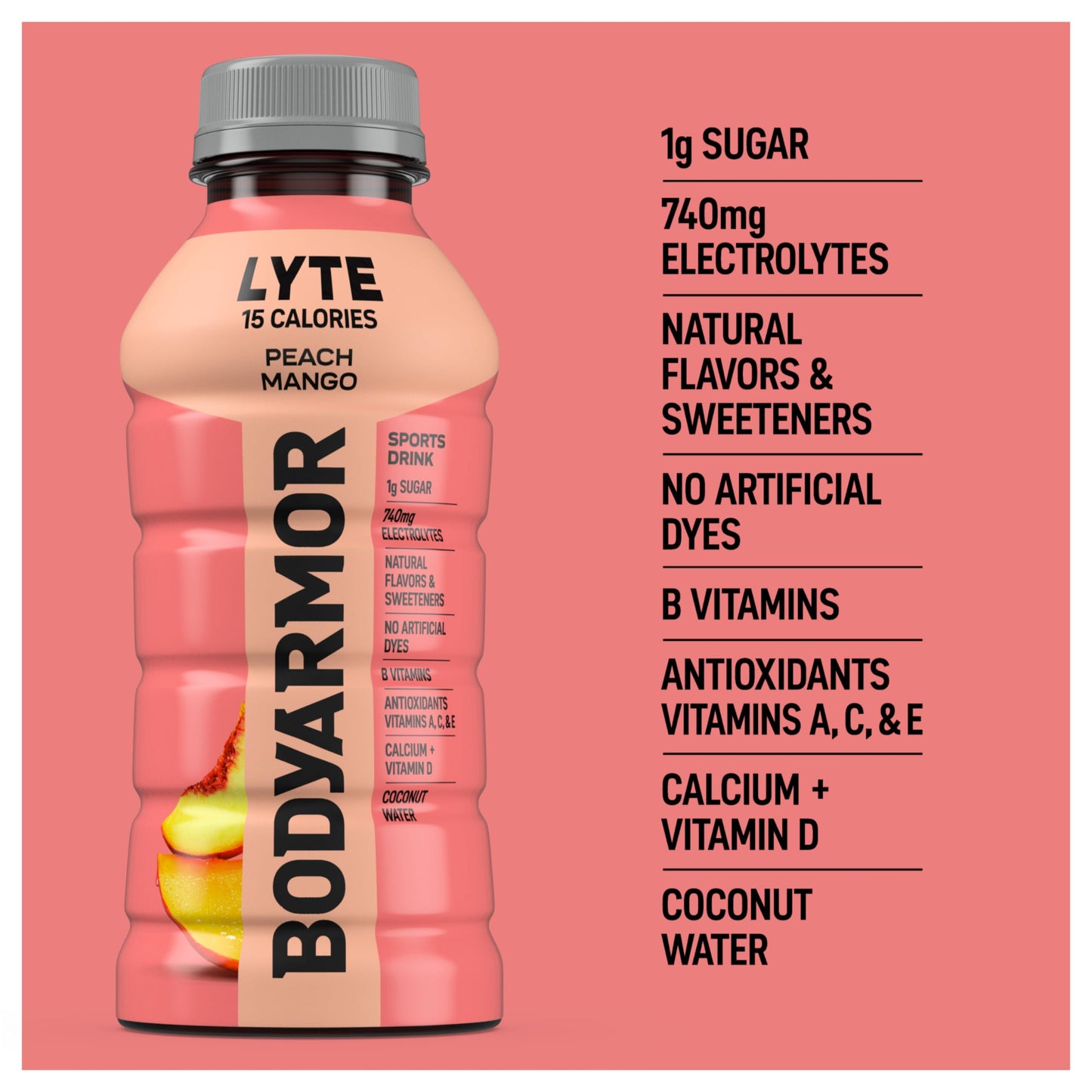 BODYARMOR LYTE, Peach Mango, Electrolyte Drink, 15 Calories, 12 Fl Oz Bottles (8 Pack), Coconut Water Sports Drink, Natural Flavor & B Vitamins