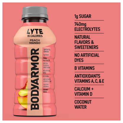 BODYARMOR LYTE, Peach Mango, Electrolyte Drink, 15 Calories, 12 Fl Oz Bottles (8 Pack), Coconut Water Sports Drink, Natural Flavor & B Vitamins