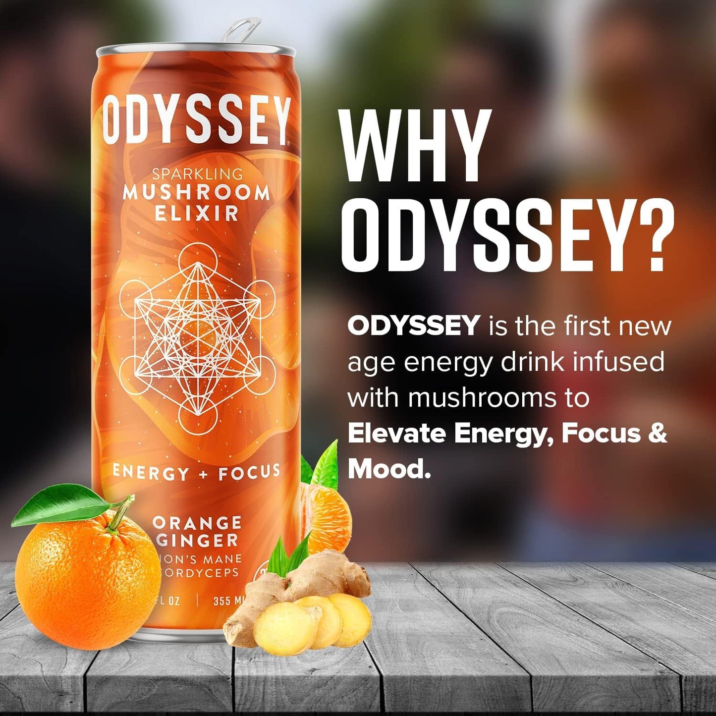 Odyssey Elixir Sparkling Adaptogen Drink, Low Calorie Drinks with L Theanine, Lions Mane, Cordyceps and Green Tea Caffeine for Energy and Focus, Non-GMO, Vegan,12 Fl oz, 4 Pack (Orange Ginger)