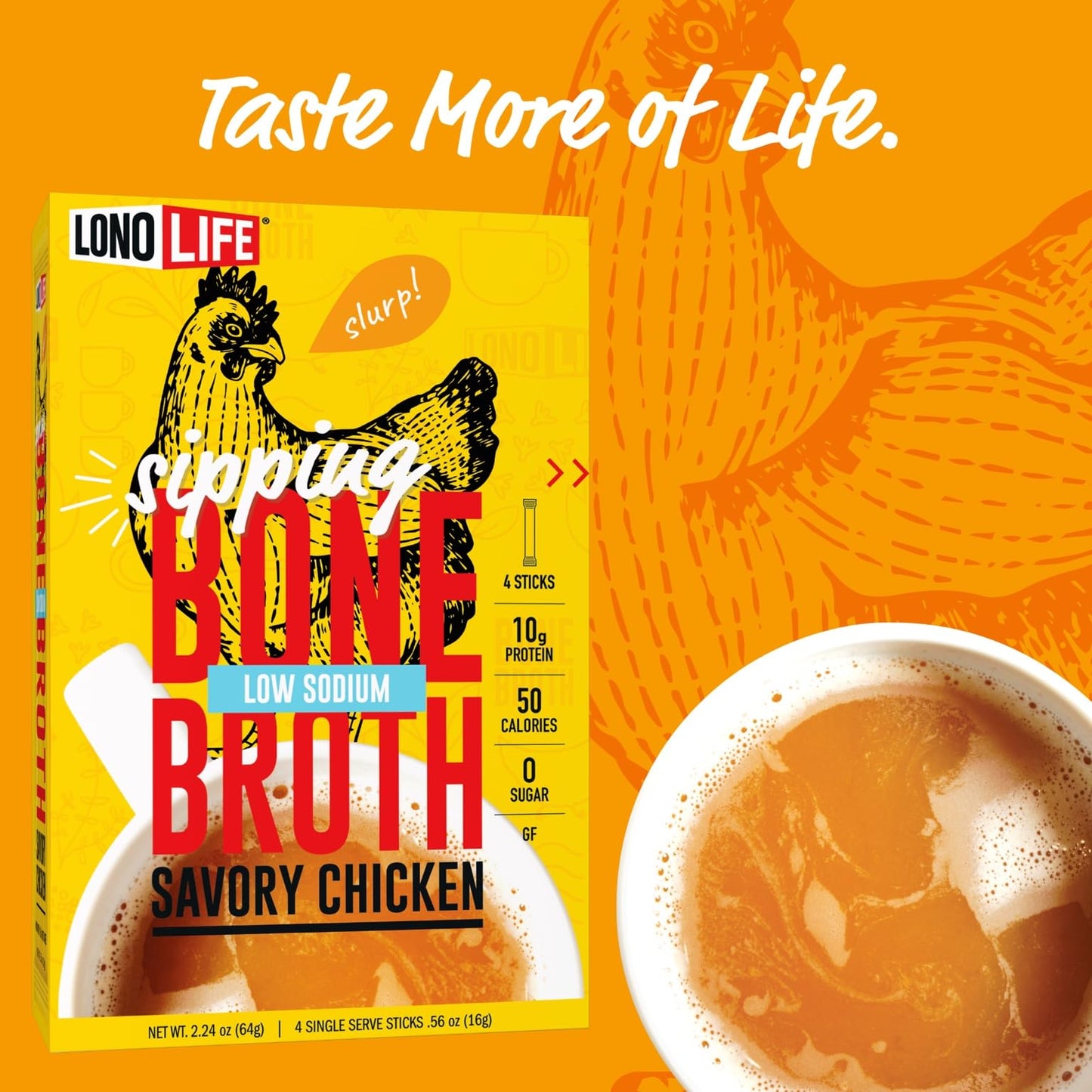 LonoLife Low Sodium Chicken Bone Broth Powder Mix | 10g Protein | Collagen-Rich, Keto & Paleo Friendly | Natural Ingredients | 10 Portable Stick Pack Servings