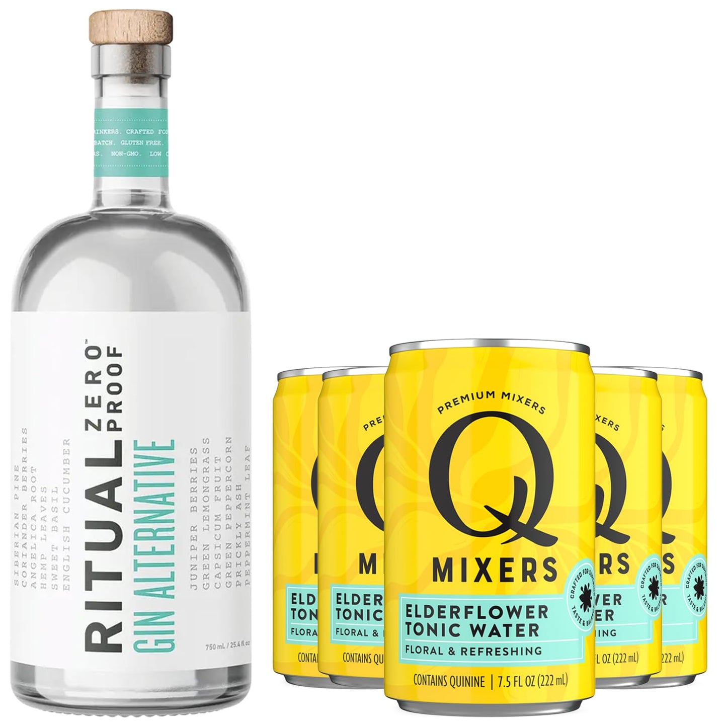 Ritual Zero Non-Alcoholic Gin Alternative with 5 Pack of Q Mixers Elderflower Tonic for your fa-vorite Alcohol-Free Mixed Drink
