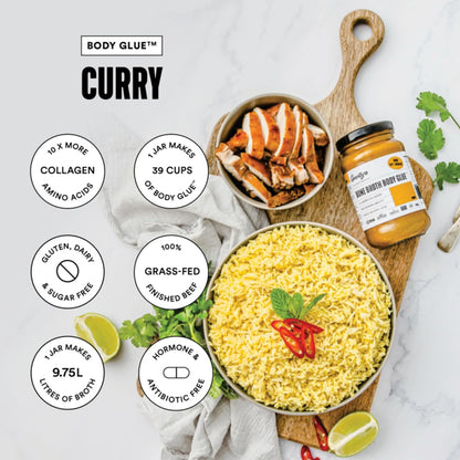 Gevity Rx Bone Broth Body Glue ® - CURRY - Bone Broth - Concentrate - 10x more collagen* - 39 servings - Sip, Cook, Create - 100% Grass Fed Beef Bones- 9.75 Litres, 329 Fl. Oz.