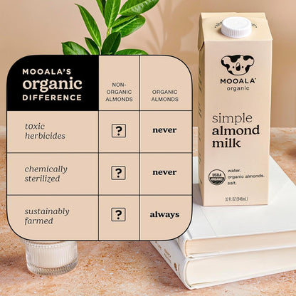 Mooala Organic Simple Almond Milk, 32oz - 3 Ingredient, Shelf Stable, No Gums, No Oils, No Fillers, Unsweetened, Non-GMO, No Additives, Dairy Free Plant Based Milk