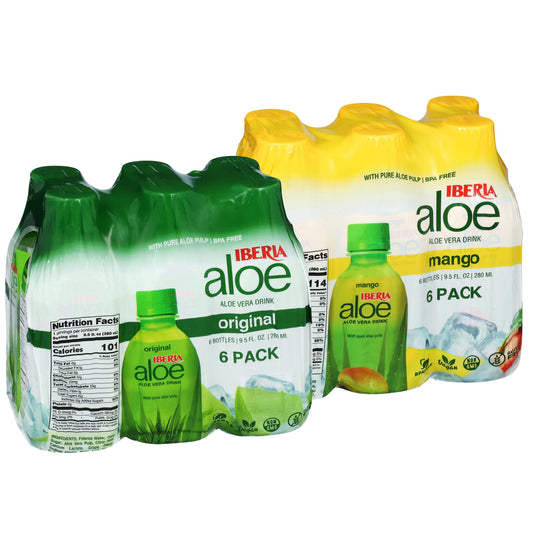 Iberia Aloe Vera Drink with Pulp 9.5 fl oz, Original (Pack of 6) + Mango (Pack of 6)
