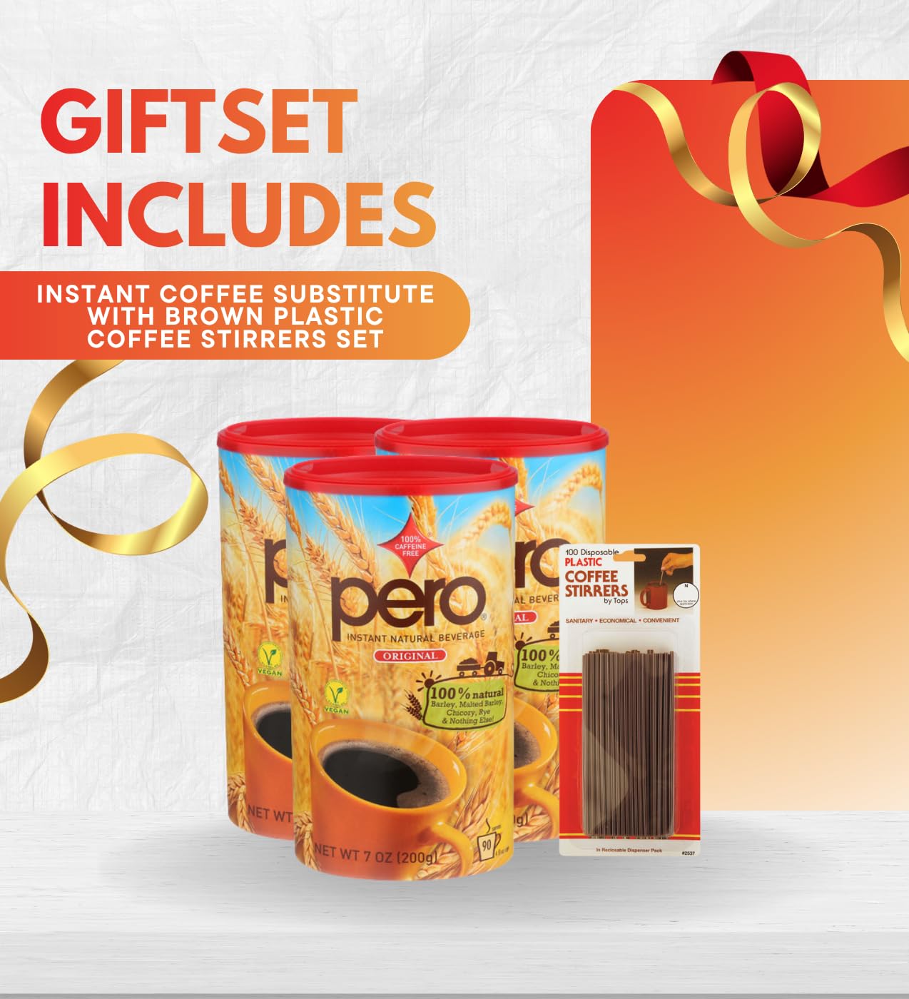 3x Instant Natural Beverage 7OZ Bundle with Plastic Coffee Stirrers – Smooth Barley and Chicory Drink Mix with Convenient Stirrers for Easy Brewing and Serving — Gift Set (4 Items)