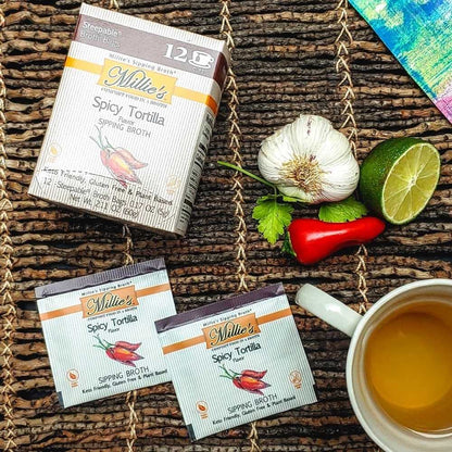 MILLIE'S SPICY TORTILLA SIPPING BROTH| Vegetable Broth with Savory Seasonings for Snack Urges | Vegan, Keto, Gluten Free, Intermittent Fasting, and natural | (6 Pack - 72 Broth Bags Total)