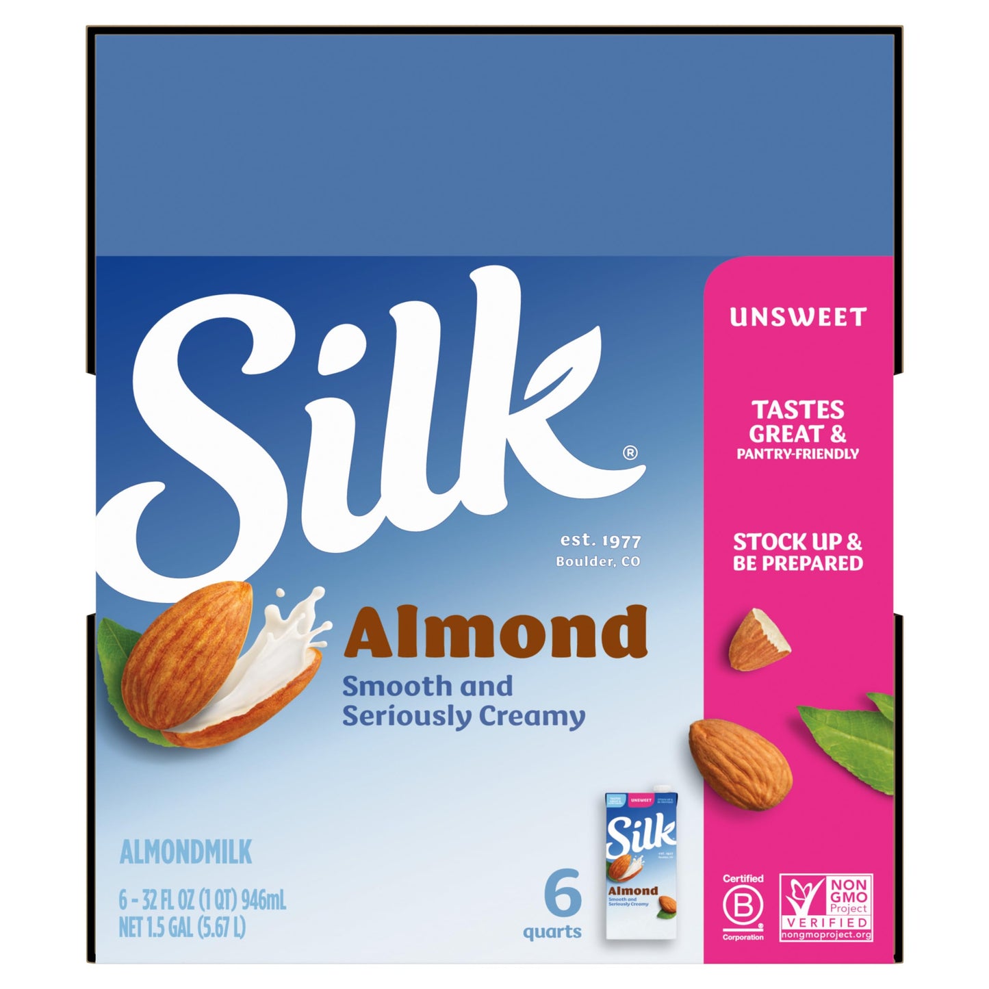 Silk Shelf-Stable Almond Milk, Unsweetened, Dairy-Free, Vegan, Non-GMO Project Verified, 1 Quart (Pack of 6)