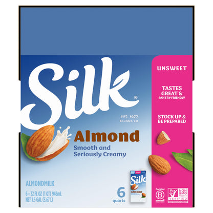 Silk Shelf-Stable Almond Milk, Unsweetened, Dairy-Free, Vegan, Non-GMO Project Verified, 1 Quart (Pack of 6)
