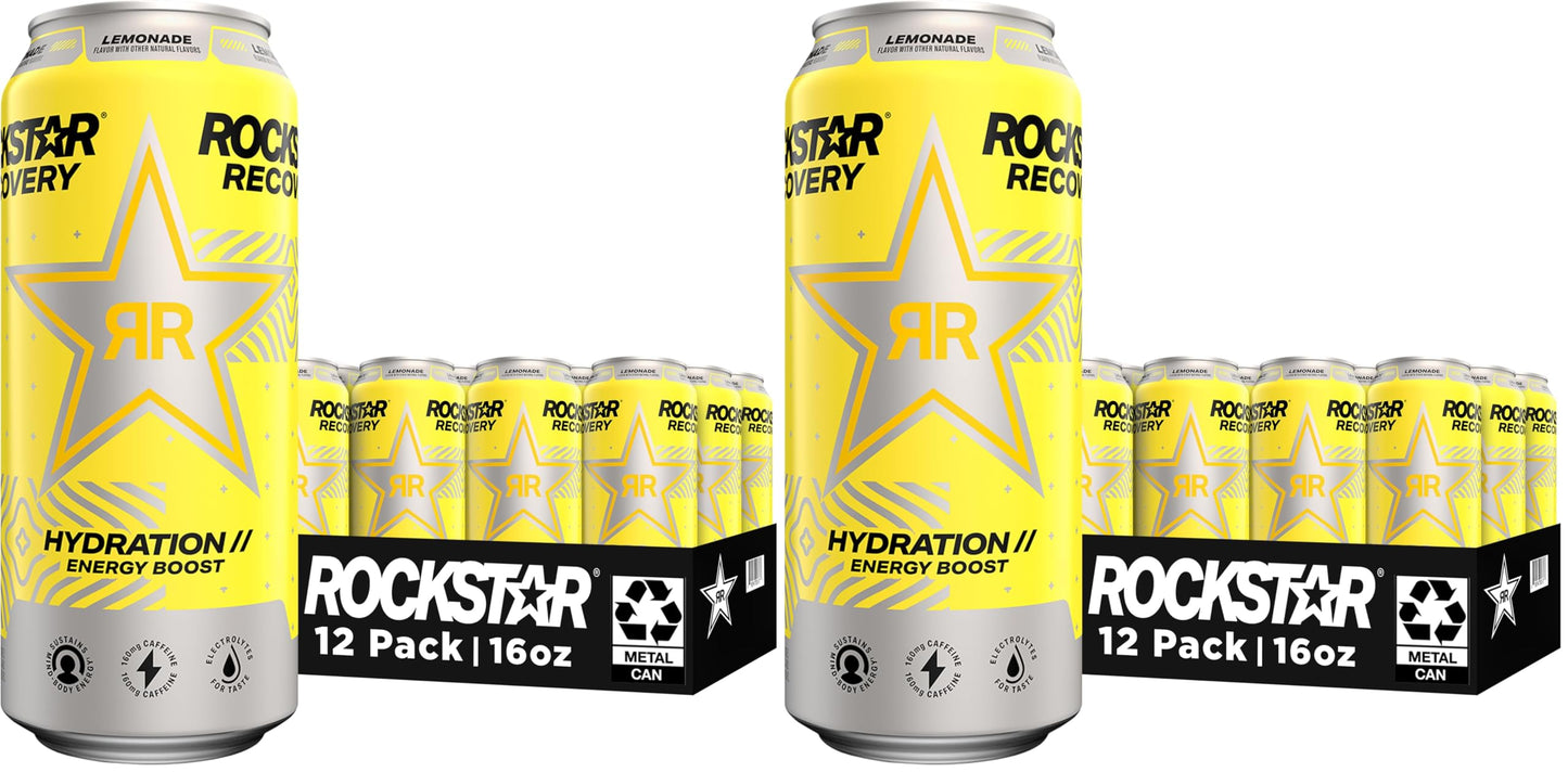 Rockstar Energy Drink with Caffeine Taurine and Electrolytes,Recovery Lemonade,16oz (Packaging May Vary),(Pack of 24)