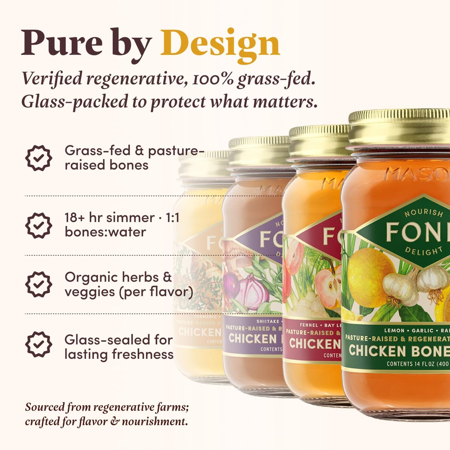 FOND Regenerative Pasture-Raised Chicken Bone Broth – Slow-Simmered Chicken Broth for Rich Flavor, Nutrient-Dense, Artisan Quality – 4 Different Flavors, Variety Pack – 14 oz (4-Pack)