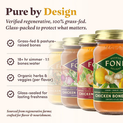 FOND Regenerative Pasture-Raised Chicken Bone Broth – Slow-Simmered Chicken Broth for Rich Flavor, Nutrient-Dense, Artisan Quality – 4 Different Flavors, Variety Pack – 14 oz (4-Pack)