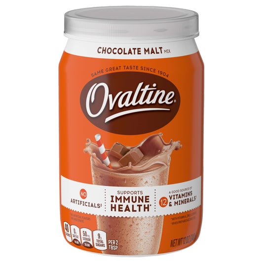NESTLE OVALTINE Chocolate Malt Mix, 12 oz. Canister Easy to Prepare Fortified Malt Beverage