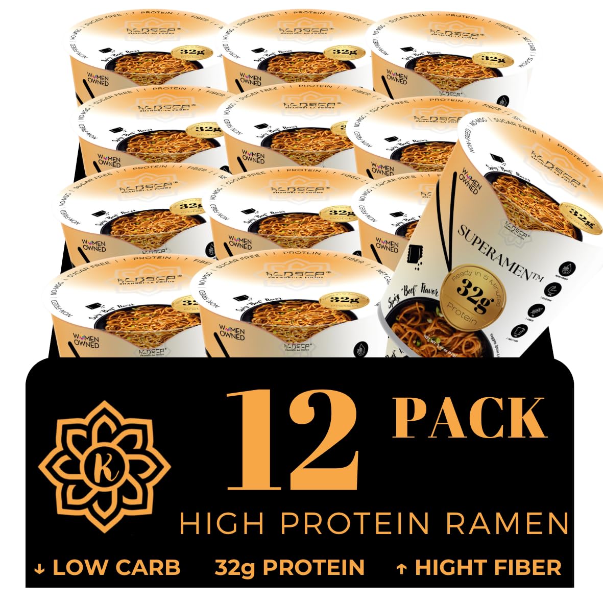 KLDSCP Protein Ramen Instant Noodles Soup “Spicy” Beef Flavor, 32g High Plant-Based Protein, 12 Packs, Non-Fried, Vegan, Low Fat, Non-GMO, Egg & Dairy Free, Healthy Asian Meal