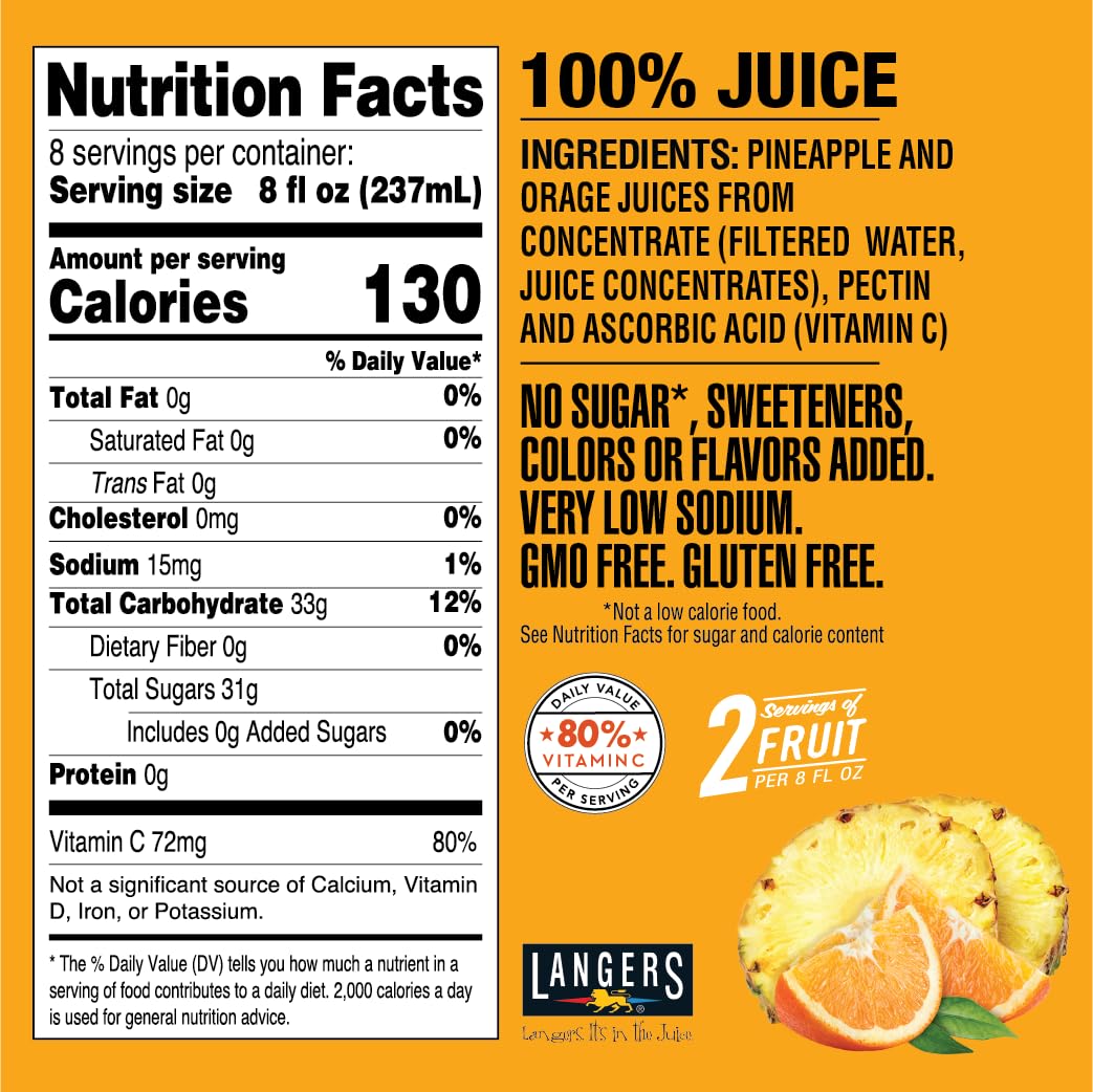 Langers Pineapple Orange 100% Juice, 64 fl oz (Pack of 8)