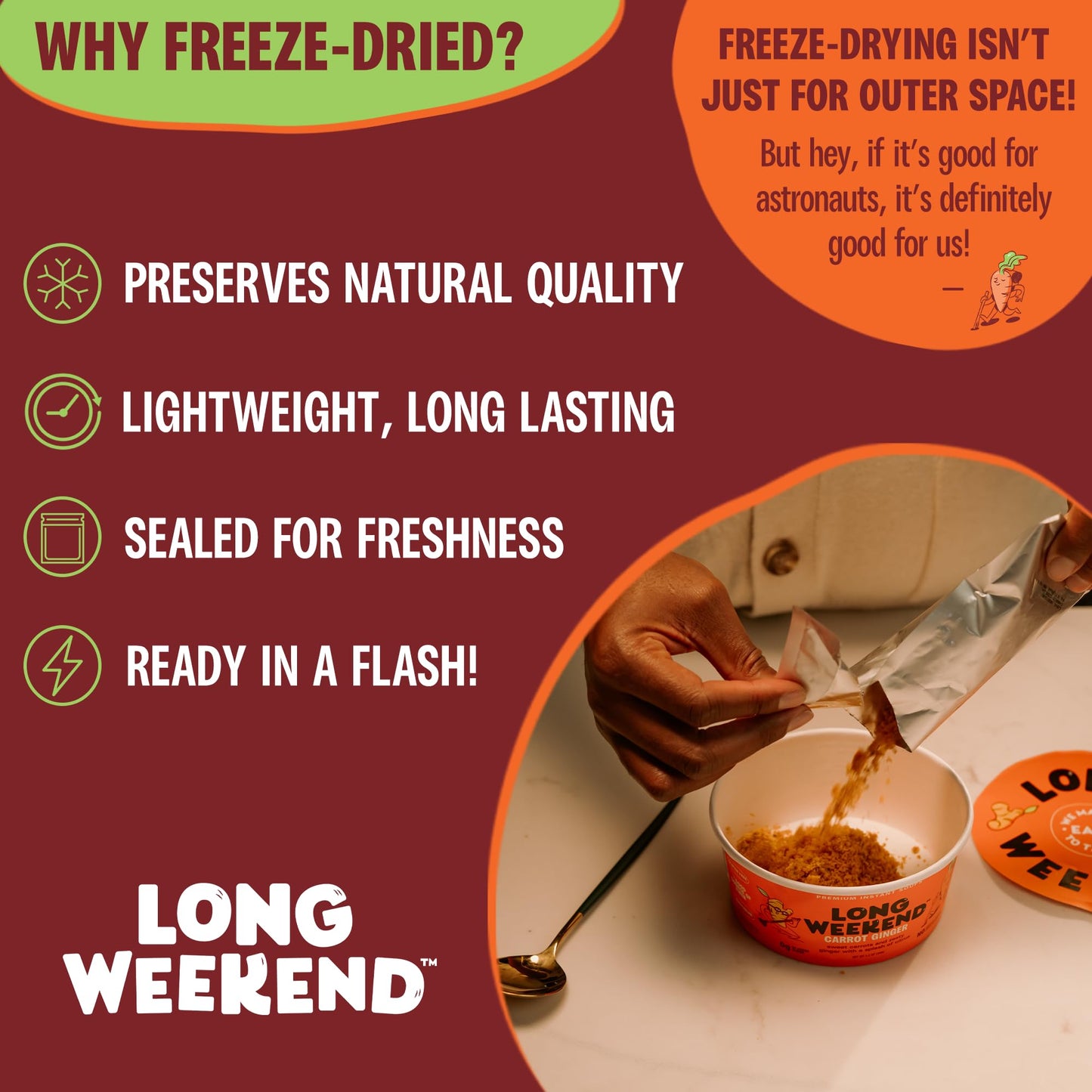 Long Weekend Freeze-Dried Vegetable Soup – Instant Soup with Real Vegetables – Nourishing, Thoughtful Nutrition, Shelf-Stable Meal, Just Add Water – Carrot Ginger, 6 Pack
