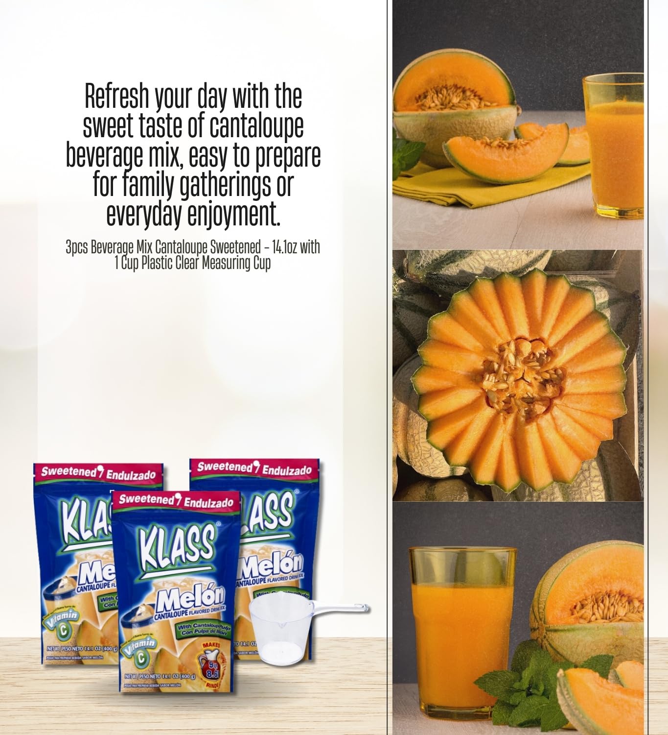 3x Klass Bev Mix Cantlp Swtnd, 14.1 OZ Bundle with Measuring Cup – Sweetened Drink Mix with Dextrose, Sugar, Artificial Flavors, and Dried Cantaloupe Pulp – Gift Set (4 Items)