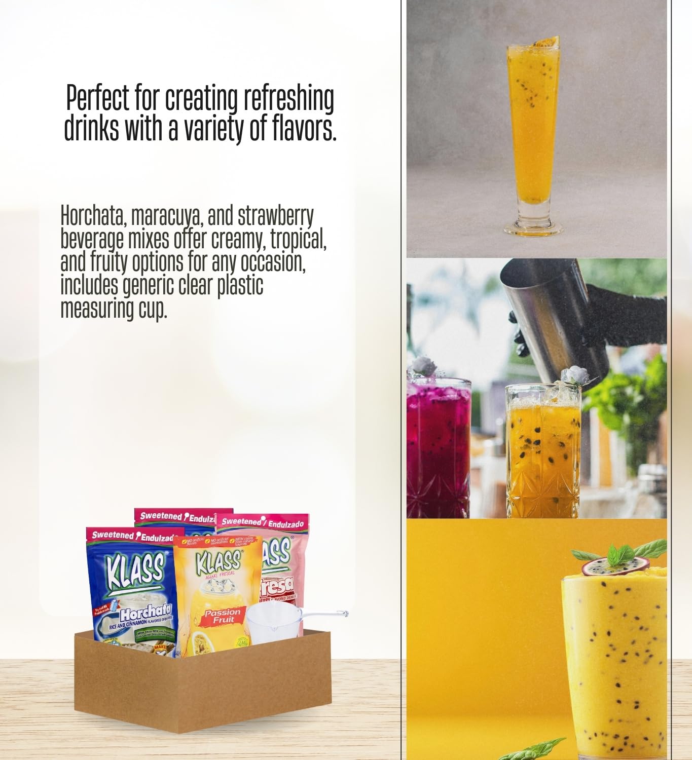 Horchata – 2x Klass Bev Mix Horchata Swtnd, Maracuya & Strawberry (All 14.1 OZ) Bundle with Measuring Cup – Refreshing Fruit-Flavored Drink Mixes for Simple Preparation – Gift Set (5 Items)