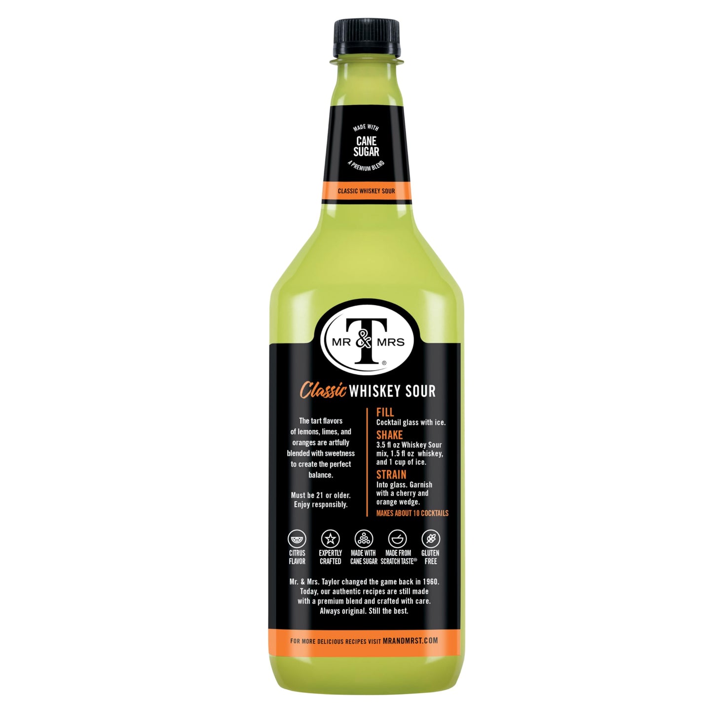Mr & Mrs T Whiskey Sour Mix, 1 L bottle (Pack of 6), Tart and Sweet Blend Flavored Cocktail Mixer, Made with Cane Sugar, Perfect for Traditional Whiskey Sour and Mocktail Drinks