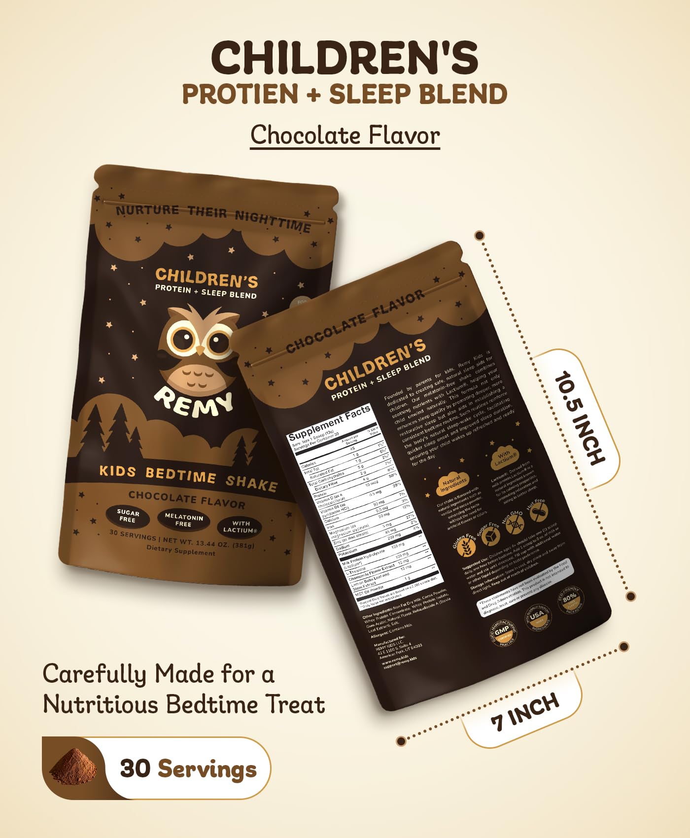 Remy Protein Sleep Aid Supplements for Kids, Melatonin-Free Formula, Lactium, L Theanine, Vitamin D, B6, Calcium & Herbal Extracts, Balanced Nutritional Drink, Non GMO, Powder