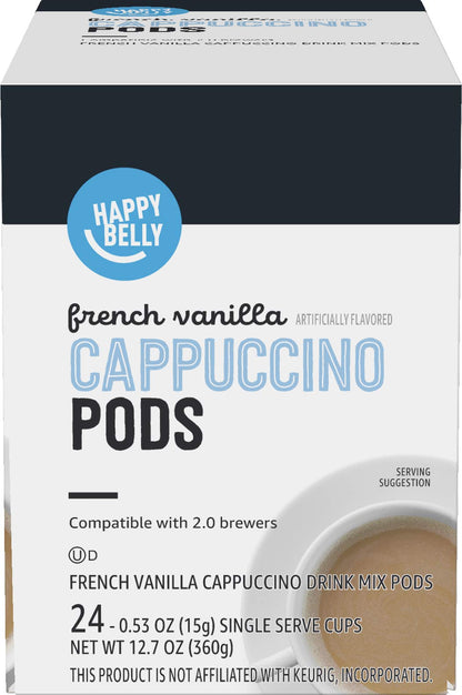 Happy Belly Cappuccino Coffee Pods Light Roast Compatible with 2.0 K-Cup Brewers, French Vanilla Flavored, 24 Count, 12.7 Ounce