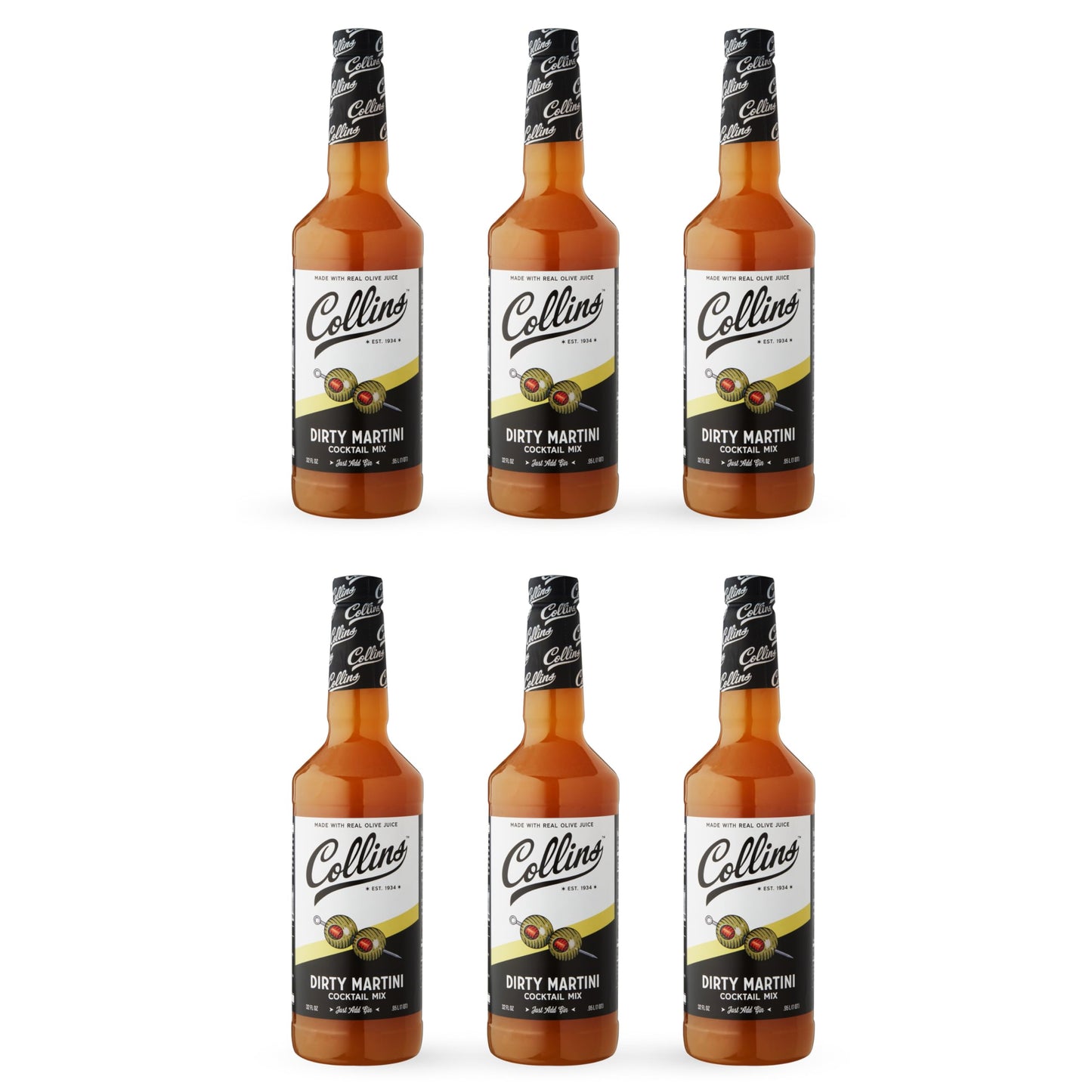 Collins Dirty Martini Mix, Made With Real Olive Brine for the Bold Flavor You Need, Classic Cocktail Recipe Ingredient, Bartender Mixer, Drinking Gifts, Home Cocktail bar, Set of 6 32 fl oz Bottles