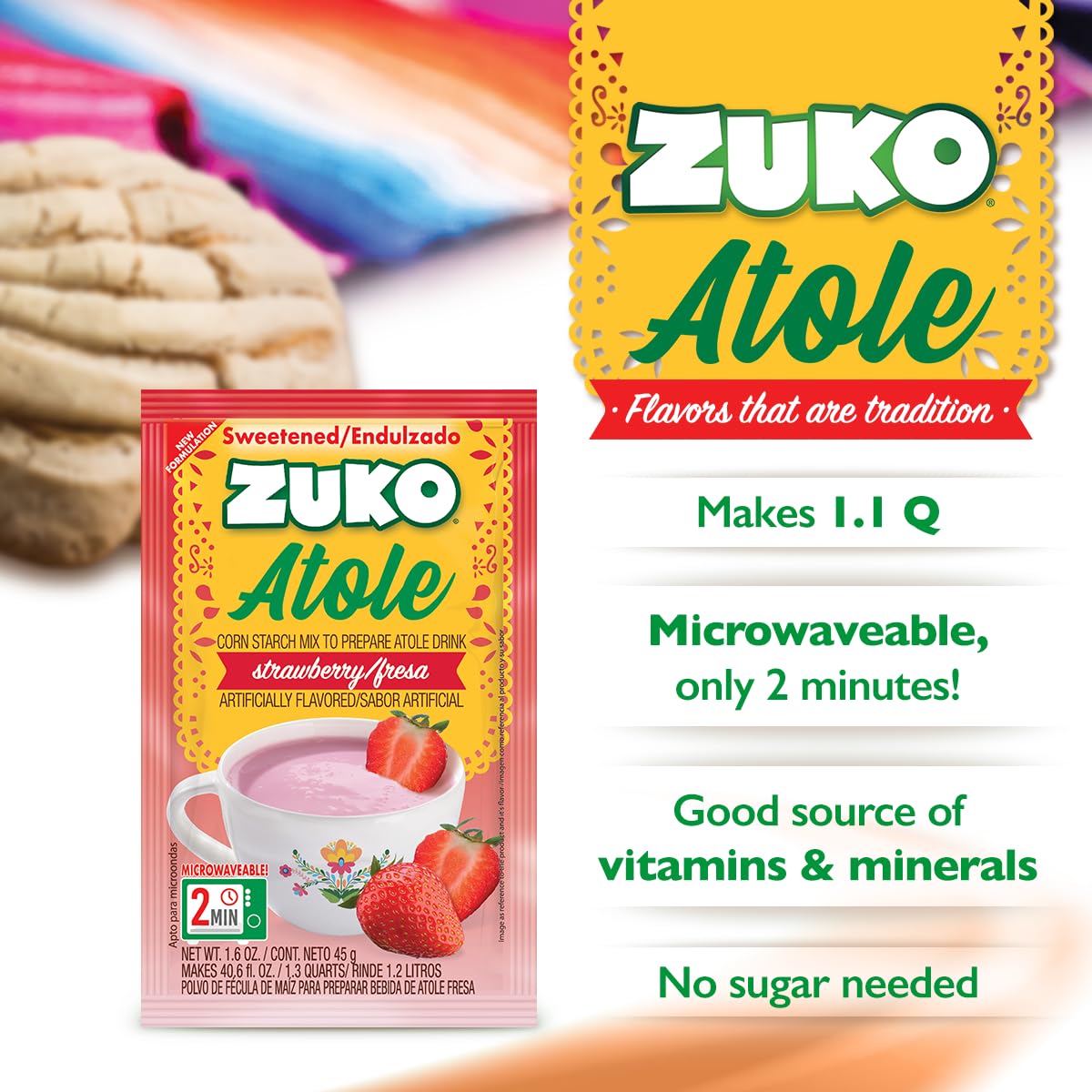 Zuko Atole Strawberry Instant Corn Starch Mix | Fortified with Vitamins | Just Add Hot Water | Microwaveable In Only 2 Minutes | 1.6 Ounce (Pack of 24)