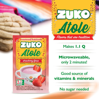 Zuko Atole Strawberry Instant Corn Starch Mix | Fortified with Vitamins | Just Add Hot Water | Microwaveable In Only 2 Minutes | 1.6 Ounce (Pack of 24)