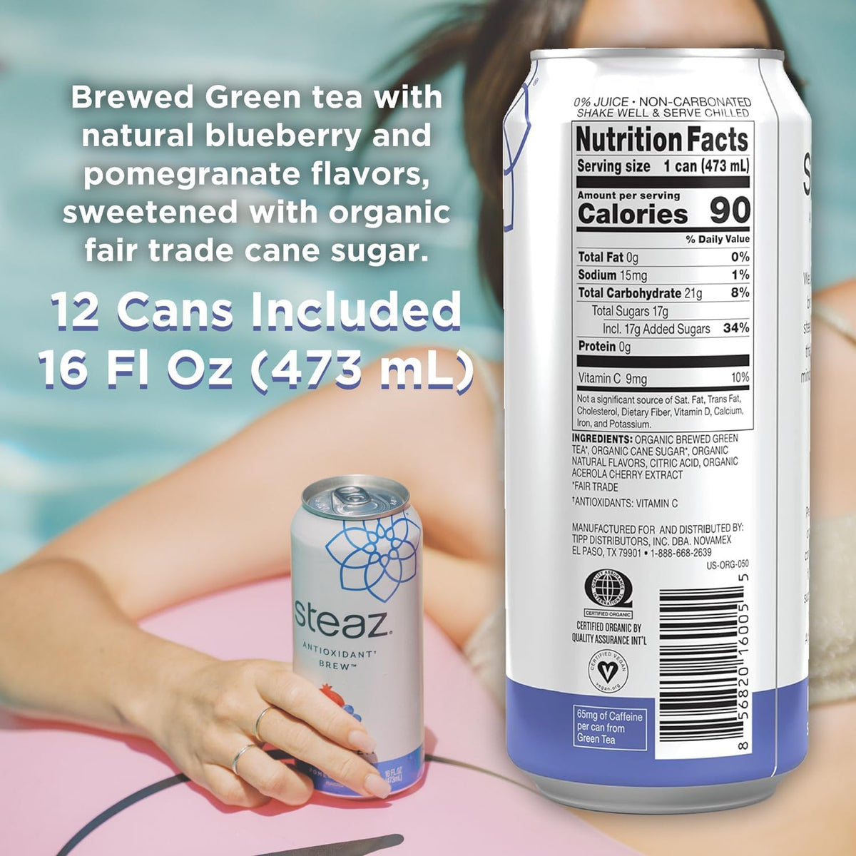 Steaz - Organic Green Tea - Blueberry Pomegranate (12 Pack) - Antioxidant Brew - 65mg Natural Caffeine, 90 Calories, Vitamin C - Cane Sugar Sweetened Iced Tea - Vegan - 12 Cans, 16 fl oz (473mL)
