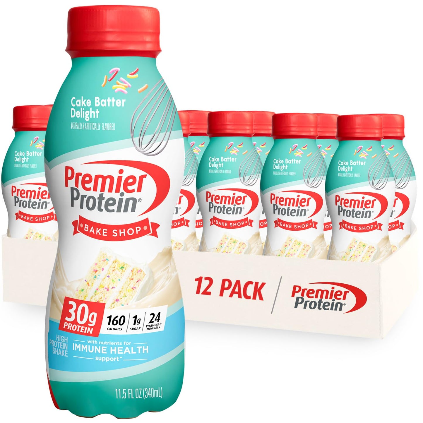Premier Protein Shake, Chocolate Peanut Butter & Cake Batter Flavors, 30g Protein, 1g Sugar, 24 Vitamins & Minerals, 12 Count