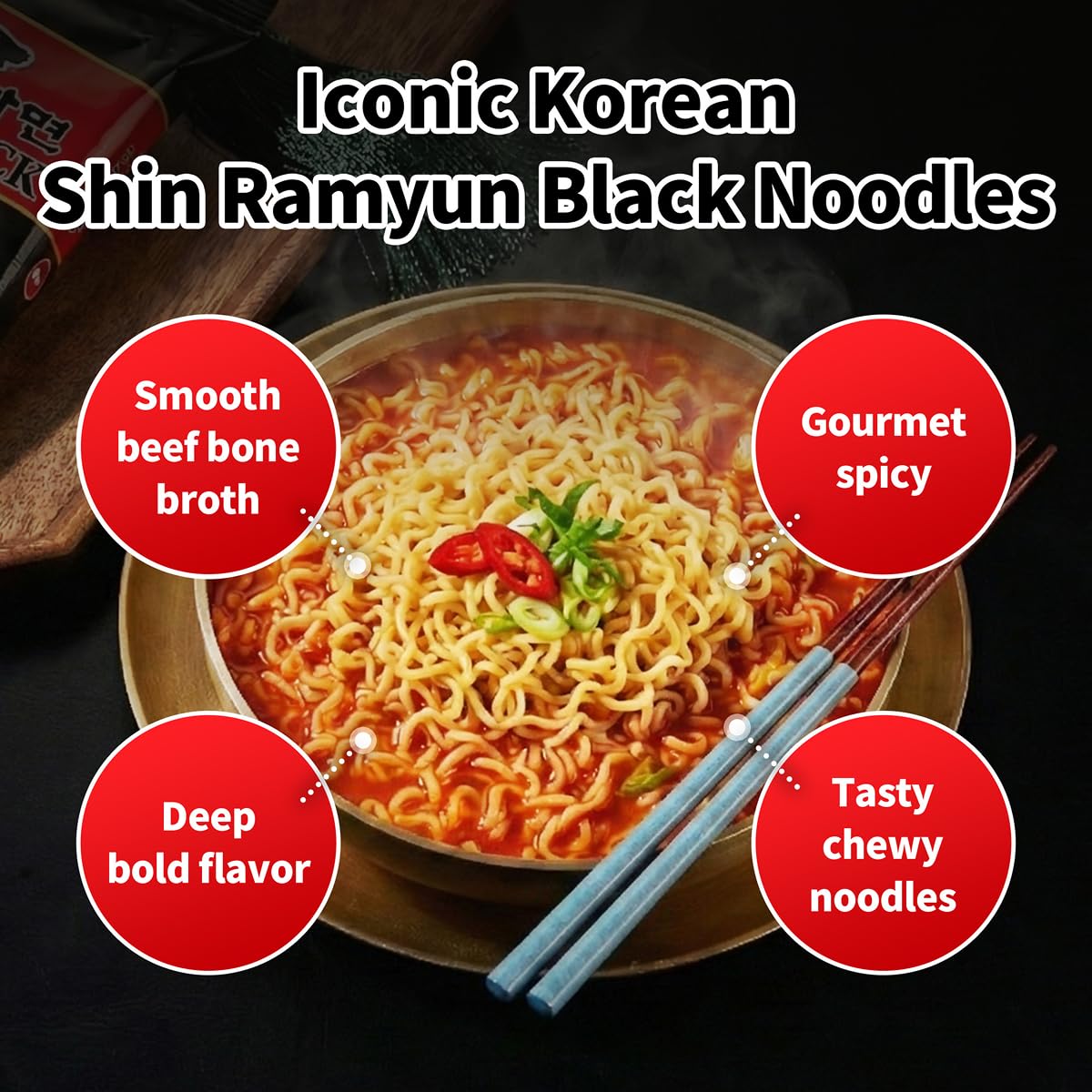 Nongshim Shin Ramyun Black Noodles, Spicy Korean Signature Instant Ramyun, Rich Beef Bone Broth, Pantry Essential Korean Noodles, Quick and Easy, 4.58 oz (Pack of 16)