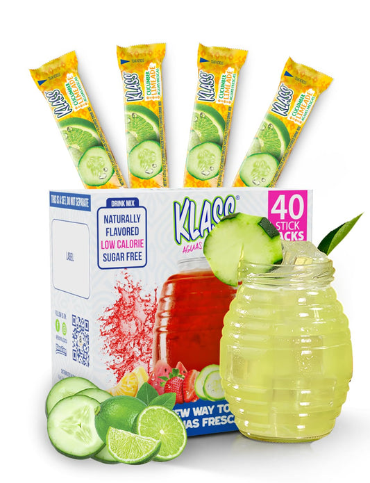 Klass Aguas Frescas, Powdered Drink Mix, 40 Singles Zero Sugar & Caffeine-Free Powder Packets, Water Drink Mix, Flavor: Cucumber Limeade - 5 Calories Per Packet & Natural Flavors
