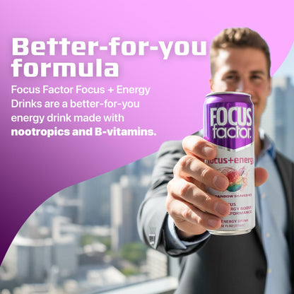 Focus Factor Energy Drink - 12 x 355ml Cans (Rainbow Shaved Ice Flavor) - with Focus + Energy - Lightly Carbonated, Sugar Free, Low Calorie with Vitamin B6 & Vitamin B12