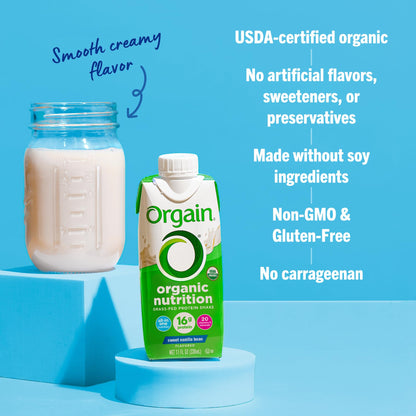 Orgain Organic Nutritional Shake, Vanilla Bean - Meal Replacement, 16g Protein, 20 Vitamins & Minerals, Gluten Free, Soy Free, Kosher, Non-GMO, 11 Ounce, 12 Count (Packaging May Vary) (Pack of 2)