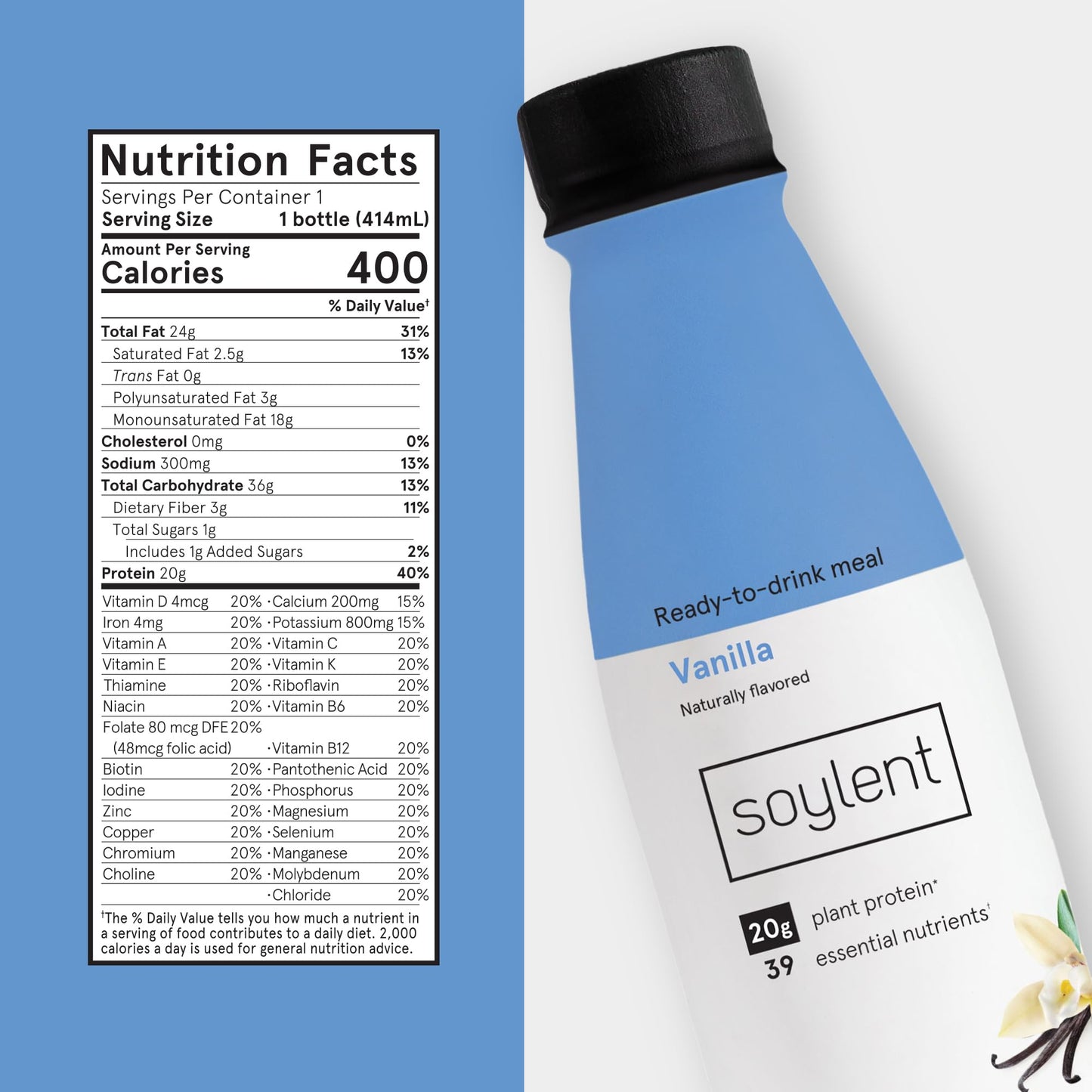 Soylent Vanilla and Cafe Mocha Meal Replacement Shake Bundle, Ready-to-Drink Plant Based Protein Drinks, Contains 20g Complete Vegan Protein and 1g Sugar, 14oz, 12 Pack