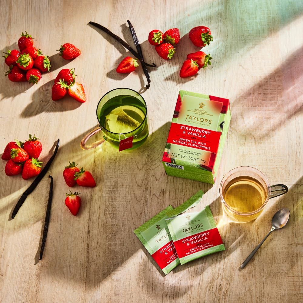 Taylors of Harrogate Strawberry & Vanilla, Green Tea, Individually Wrapped Bags, 20 Count (Pack of 1), Smooth, Juicy and Sweet, Caffeinated, Enjoy Hot or Iced, 20 Teabags