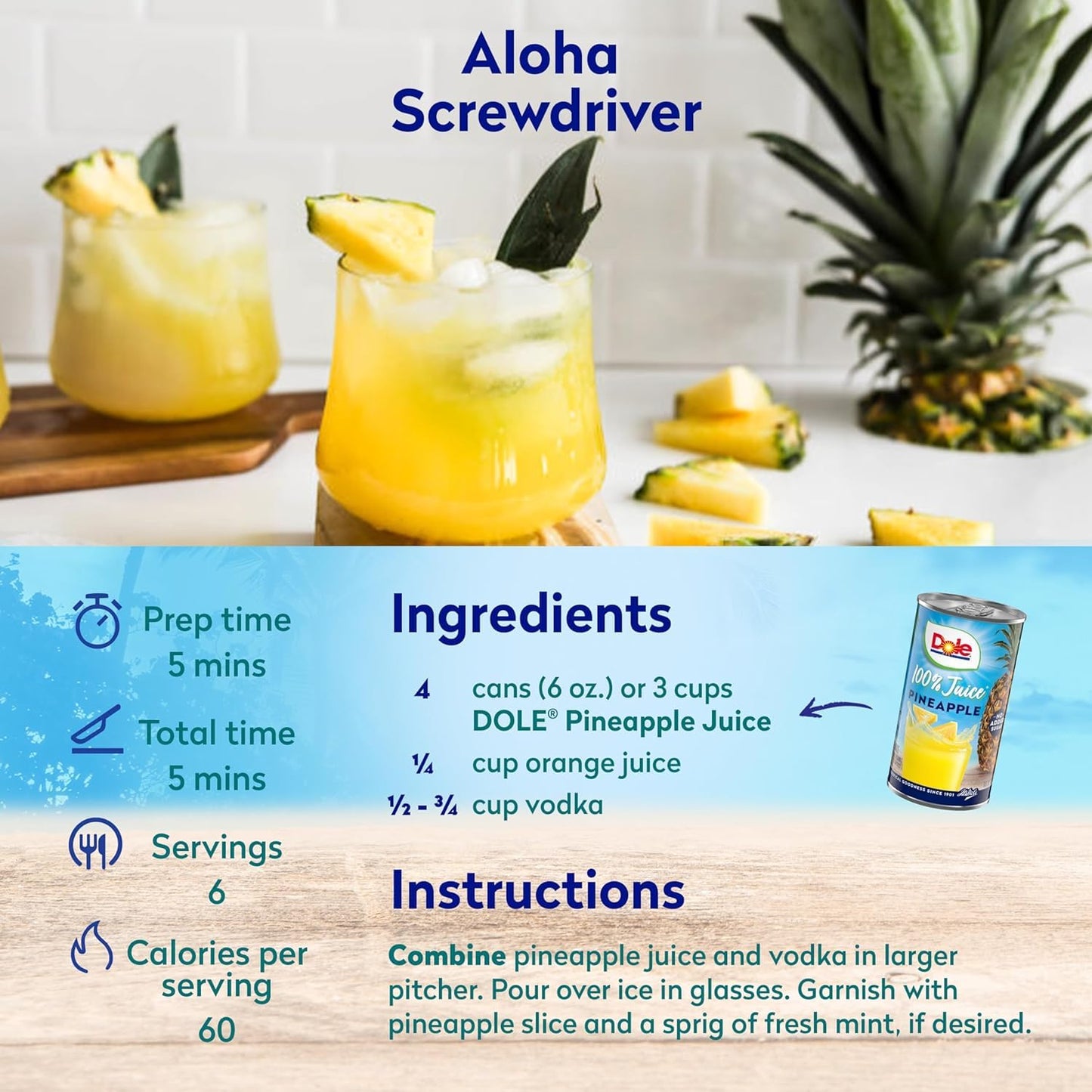 Dole 100% Pineapple Juice, No Added Sugar, Excellent Source of Vitamin C, 100% Fruit Juice, 6 Fl Oz (Pack of 6), Packaging May Vary