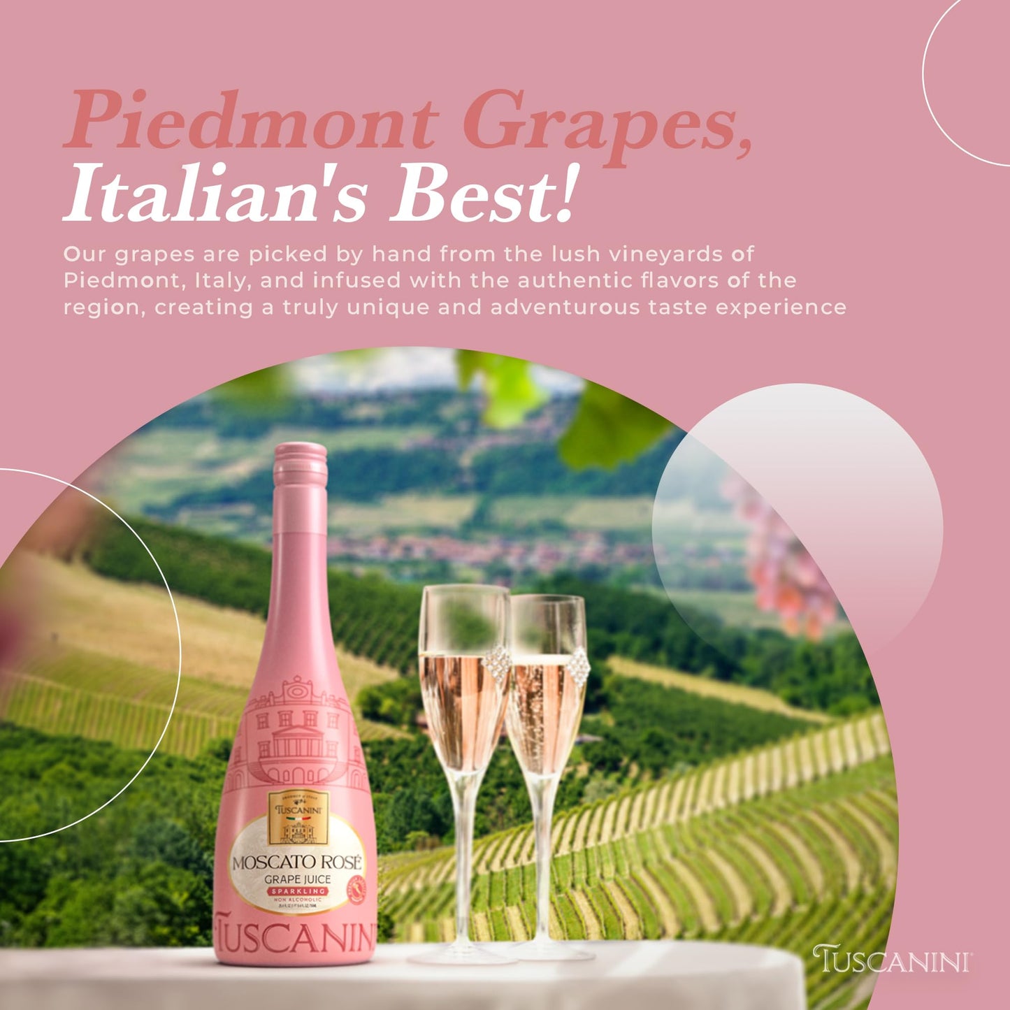 Tuscanini Italian Moscato Rose Sparkling Grape Juice, 25.3oz (2 Pack) | Non Alcoholic Sparkling Juice | Valentines Day Gift | Elegant Champagne Bottle | Imported from Italy | Great for Mocktails | Kosher