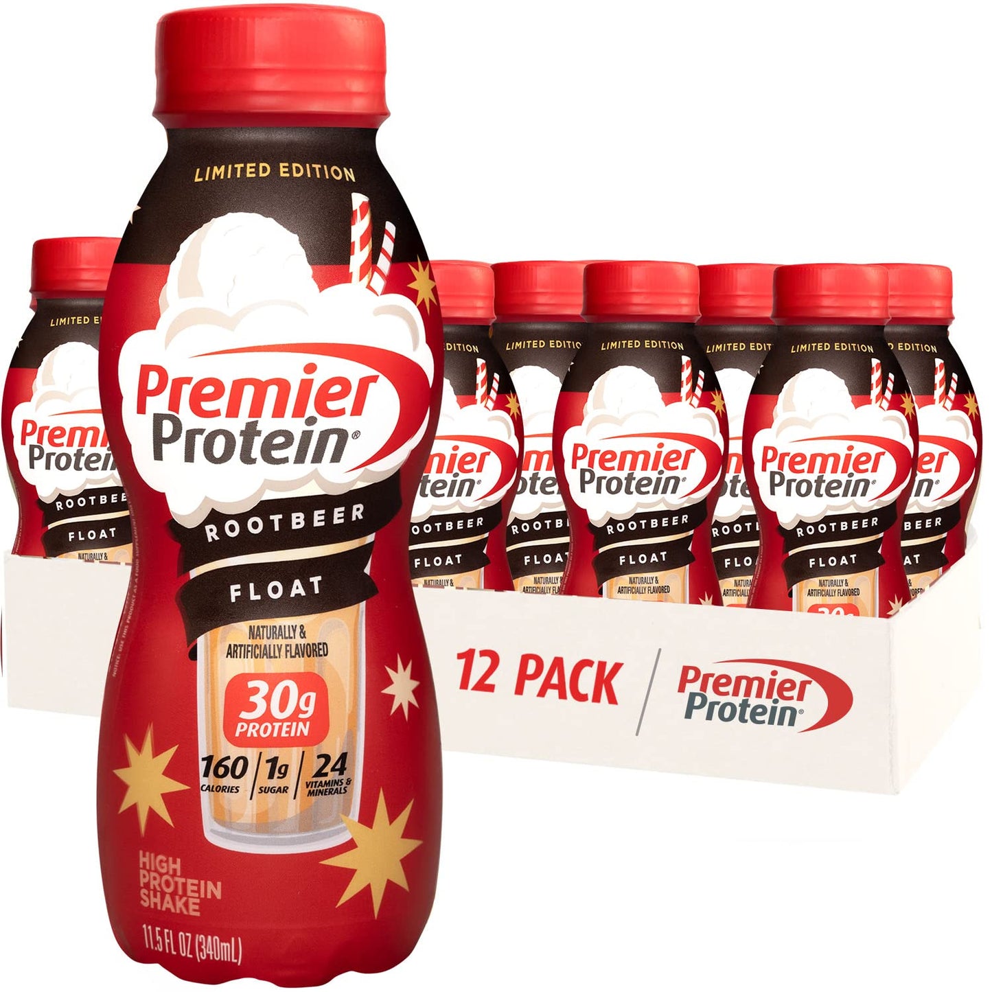 Premier Protein Shake Root Beer Float & Peaches Cream 30g Protein 1g Sugar 24 Vitamins Minerals 12 Pack Bundle