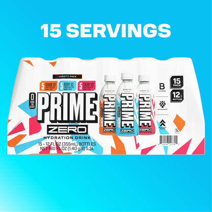 PRIME ZERO Variety Berry Ice, Cherry Ice, & Orange Ice Sugar Free Sports Drinks, Electrolyte Enhanced to Replenish Fluids, B Vitamins, Antioxidants, Low Calorie, Natural Flavors, 12 Fl Oz, 15 Pack