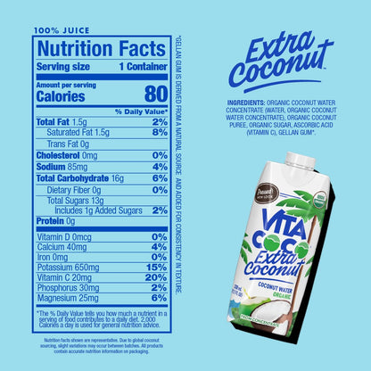Vita Coco Organic Coconut Water, Extra Coconut | More "Coconutty Flavor" | Hydrating Electrolytes | Vital Nutrients | 11.1 Fl Oz (Pack of 12)